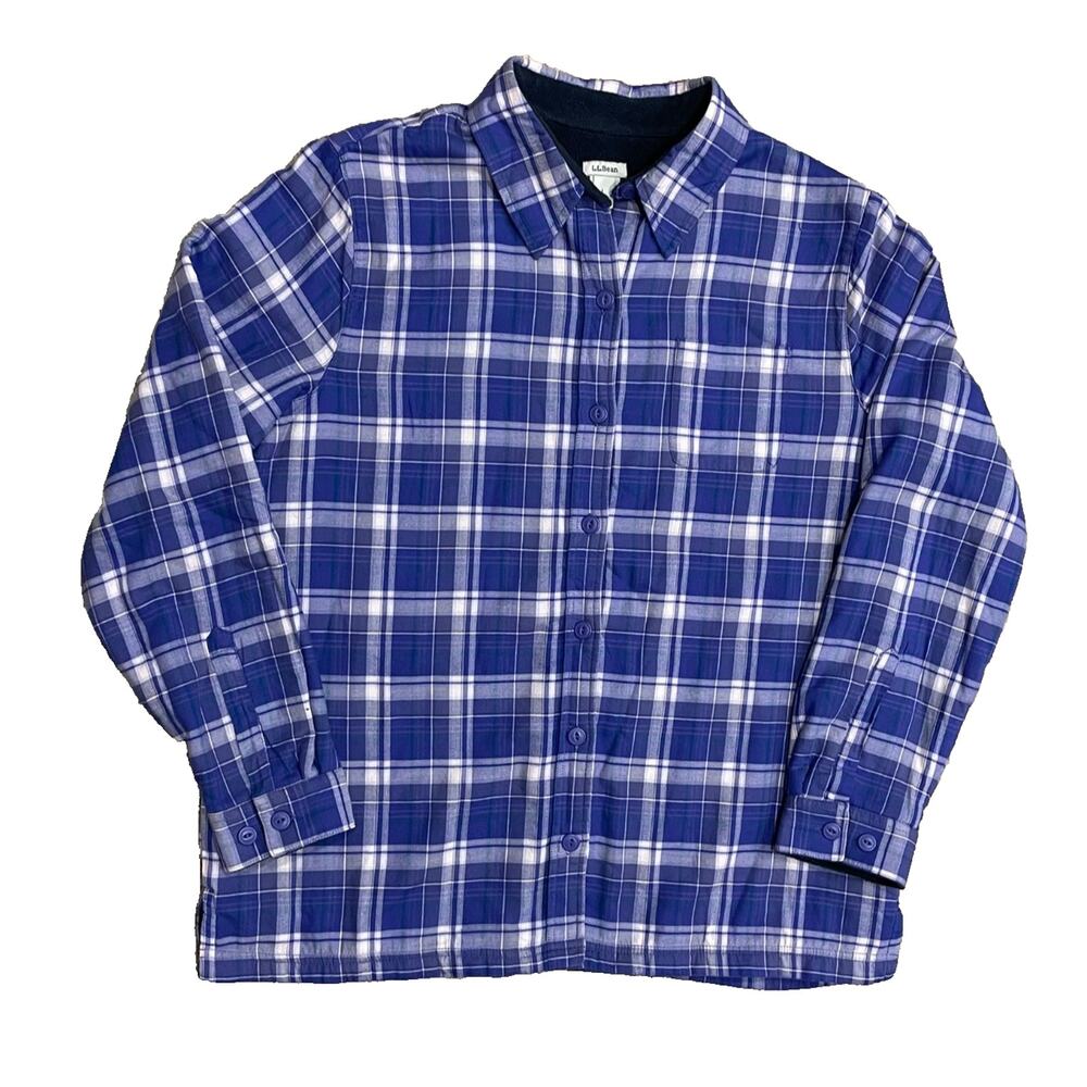 LL Bean Womens Flannel Fleece Lined Shacket Size L Plaid Jacket Shirt Button